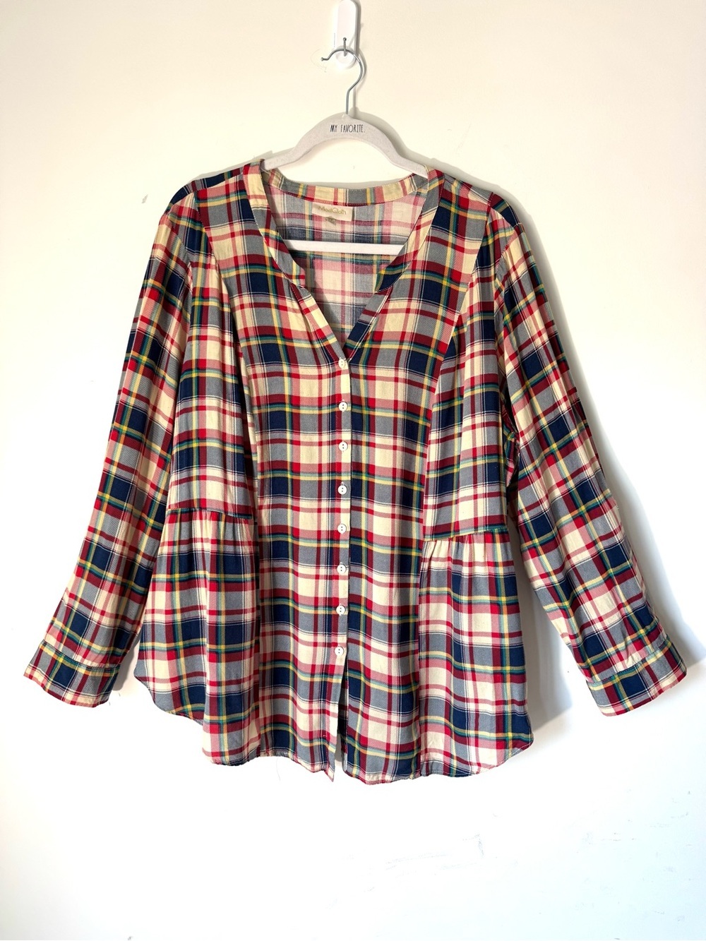 ModCloth Plaid Button Shirt Roll tab sleeve peplum